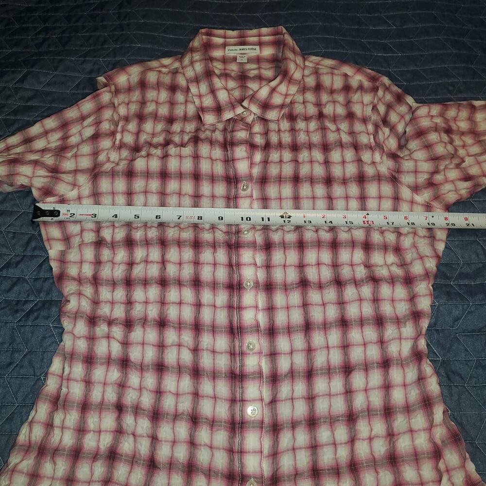 Standard James Perse Textured Crinkle Plaid Button Up Shirt Pink XL (fits L) - Picture 7 of 8